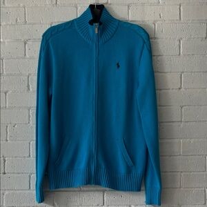 NWT Ralph Lauren Women Blue Full Zip Cardigan Split Kangaroo Pockets Lg. Sweater